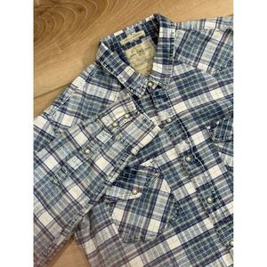 American Stanard Mens Plaid Long Pearl Snap Button Western Shirt Blue Cream